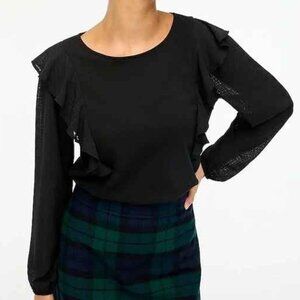 Brand New J. Crew Ruffle-Shoulder Top with Plaid Jacquard Sleeves Pullover XS